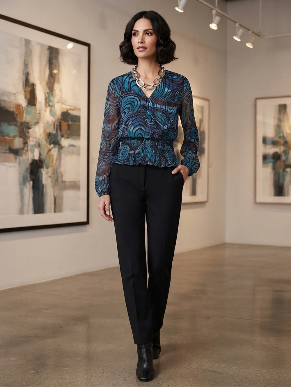 Bisou Bisou Teal and Black Swirl Sheer Blouse Size XL